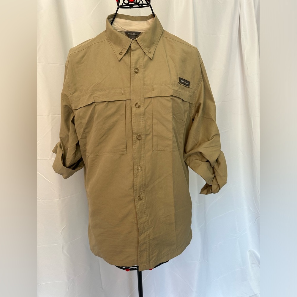 Eddie Bauer Tan Vented Outdoor Roll Tab Long Sleeve UPF Sport Shirt Sz Medium